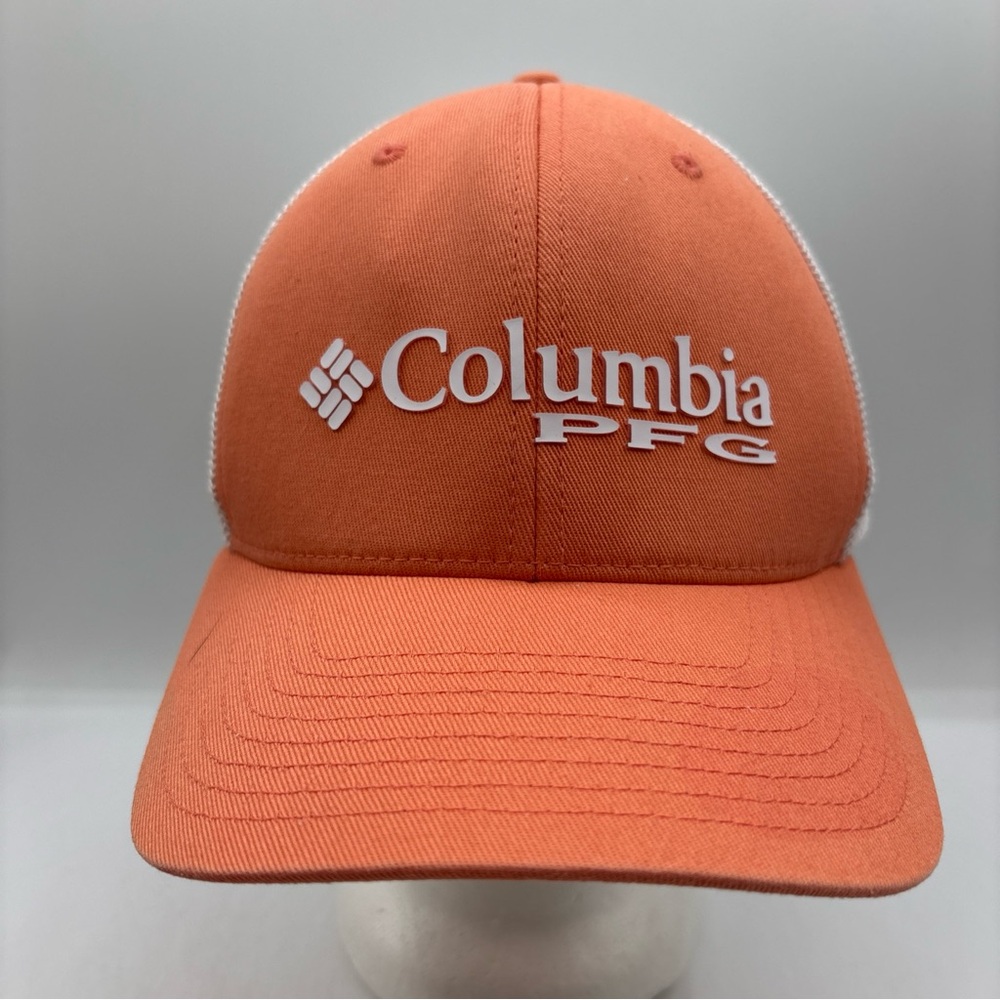 Columbia PFG Mesh Flexfit Hat L/XL Orange‎ White Fishing Outdoor Cap Stretch Fit